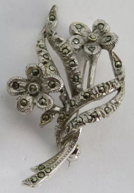Silver plate & marcasite vintage Art Deco antique flower brooch A