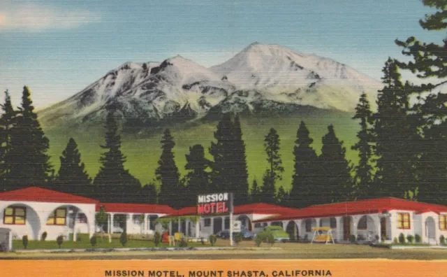 Mission Motel Mount Shasta CA Swing Autos Ski Resort Chairs linen postcard H309