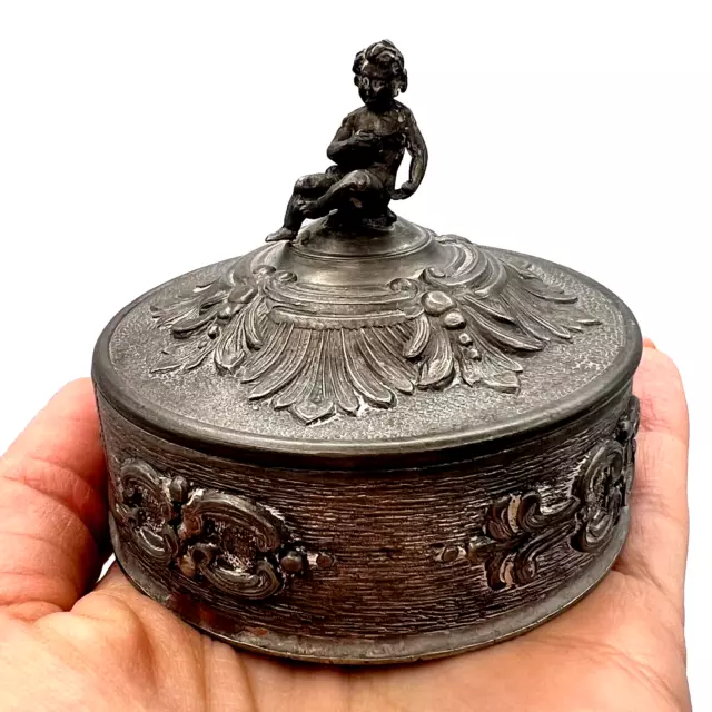 Vintage Collectible Pewter Italy Trinket Jewelry Figure Box Peltro Putti Marked