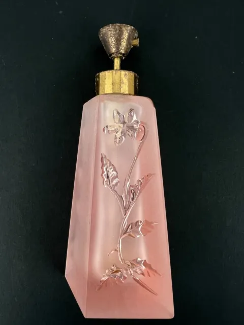 Vintage Frosted Pink Glass Art Deco 4.5" Floral Etched Perfume Scent Bottle