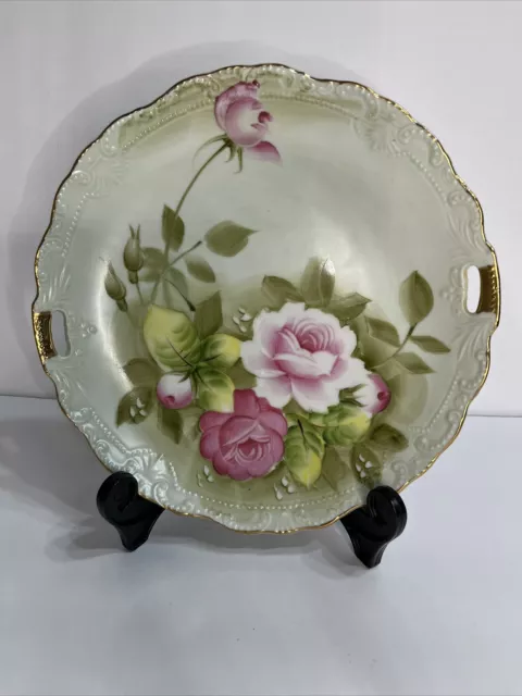 Lefton China #719 Handled Cake Plate Heritage Green w/ Pink Roses. Hand Painted.