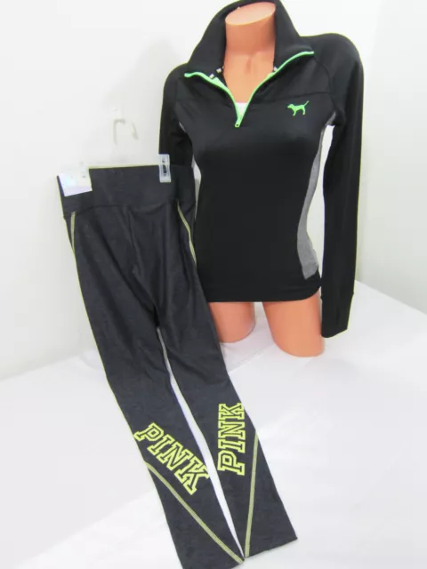NEON Victoria Secret Pink DOG LOGO HALF ZIP PULLOVER SWEAT SHIRT LEGGING PANT XS