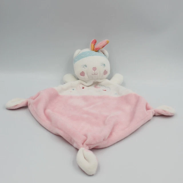 Doudou plat ours rose blanc plume indien MOTS D'ENFANTS - 26964