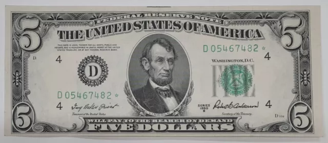 Series 1950-B $5 Federal Reserve *STAR* Note D-* Block Fr#1963-D*  AU Condition