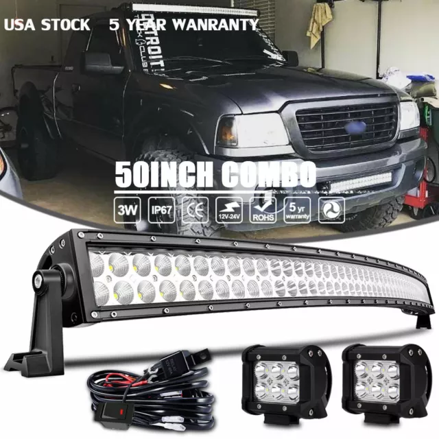 For Ford Ranger Top Roof 50" Curved LED Light Bar 4" Pods Lamp Combo +Wiring Kit