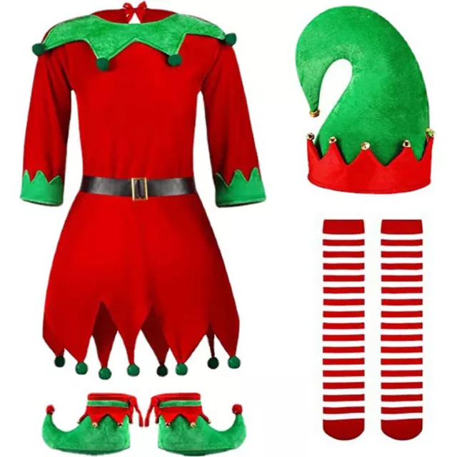 Child Girl Christmas Elf Dress with Hat Shoes Stockings Set Xmas Fancy Costume