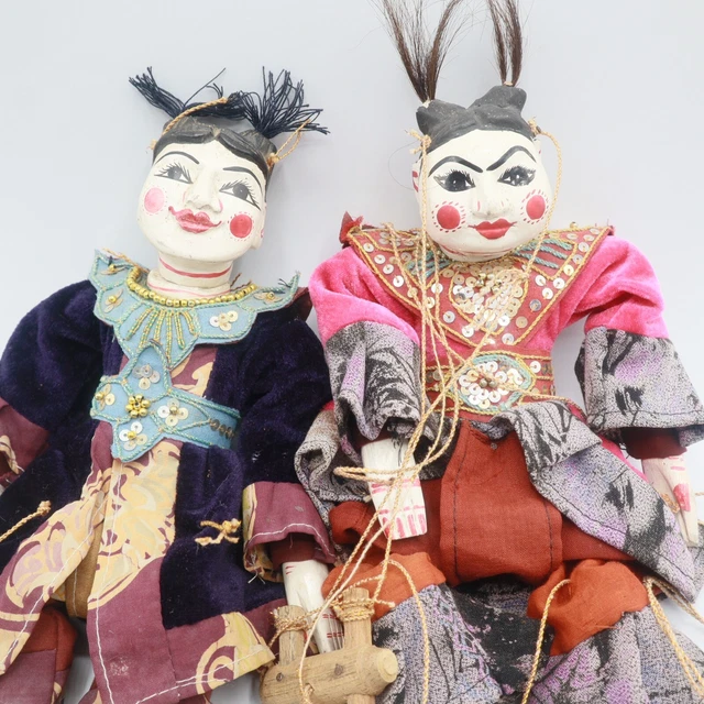 Antique Thai Indonesian Burmese Hand Made Pair Elaborately Dressed Puppets 10"