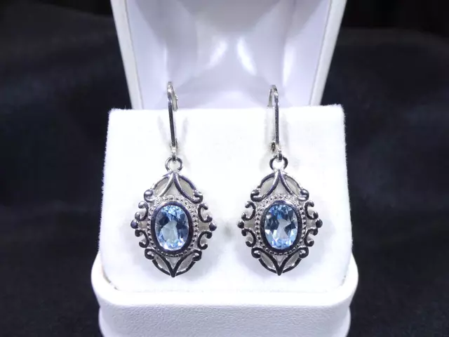 3.06 ct Natural Oval Shape Blue Topaz Solid Sterling Silver Lever-back Earrings 2