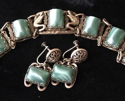 Vintage Art Deco Bracelet Egyptian Revival Satin Glass & Ornate Brass Set