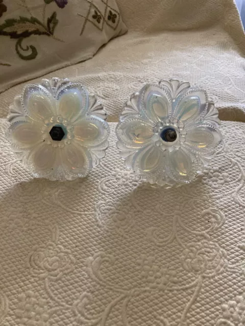 sandwich glass tiebacks, opalescent floral, pair white, with original hardware,