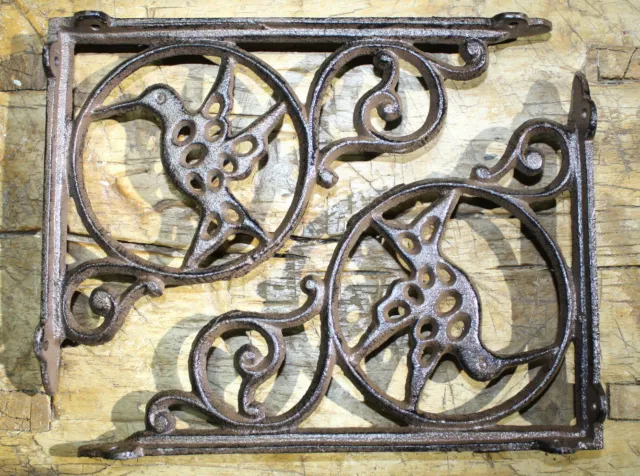 2 Cast Iron Antique Style HUMMINGBIRD Brackets, Garden Braces Shelf Bracket