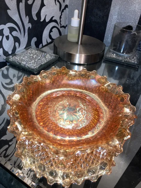Vintage Art Deco Carnival Orange Irredescent Glass  Frilled Rim Fruit Bowl