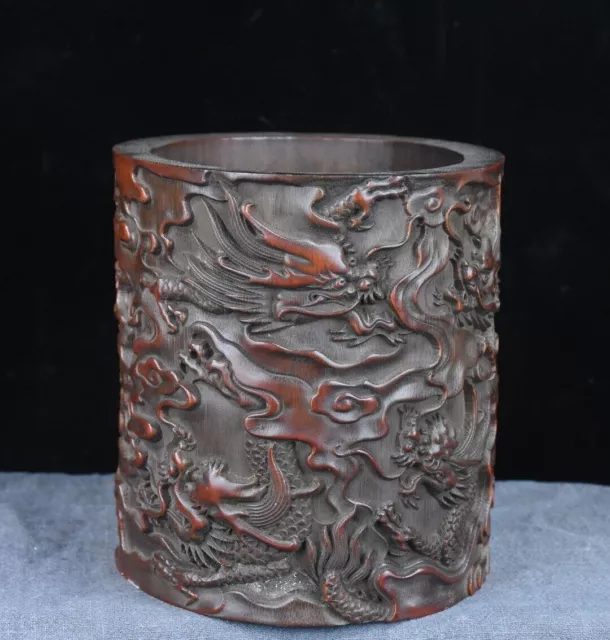 Exquisite Old Chinese Bamboo handcarved Nine dragon jar pots pen holder 6930