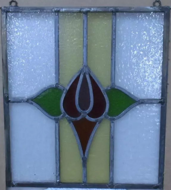 OLD ENGLISH STAINED GLASS WINDOW Unframed w Hooks Simple Floral 11.75" x 13.75"