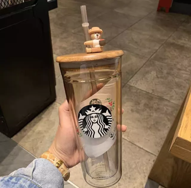 Starbucks Cup Mardi Gras Lent Korean Wooden Lid Bear Topper Glass Straw Cup Gift