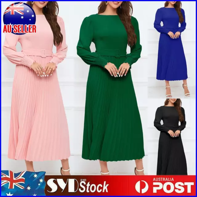 Women O-Neck Midi Dress Solid Color Flowy Long Dress Pullover Elegant Long Dress