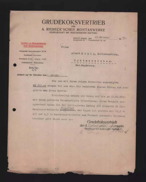 HALLE/SAALE, Brief 1931, Grudekoks-Vertrieb der Riebeck'schen Montanwerke GmbH