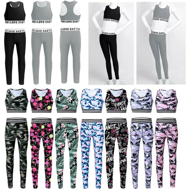 Abiti Tuta Bambine Leggings Crop Top Balletto Danza Ginnastica Abbigliamento Sportivo