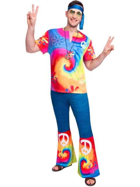 Adults 60s Free Spirit Hippie Fancy Dress Costume 70s Tie Dye Groovy Hippy Mens