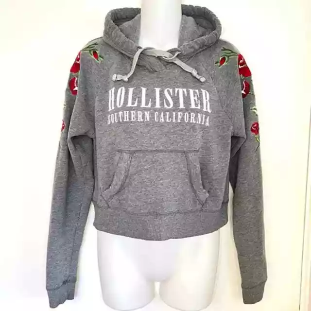 Hollister So Cal Gray Cropped Hoodie Embroidered Flowers Sweatshirt Size Xs