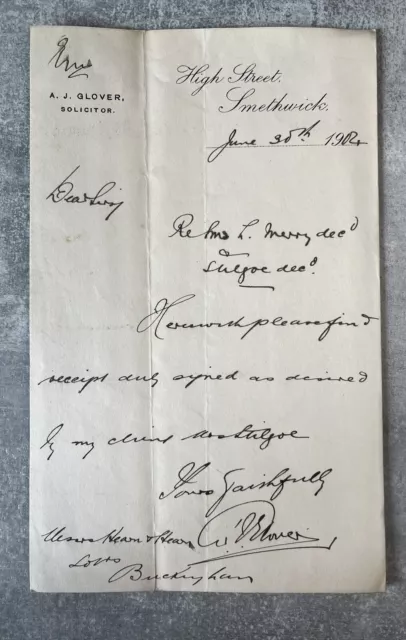 Handwritten note on letterhead from A. J. Glover Solicitor, Smethwick dated 1904