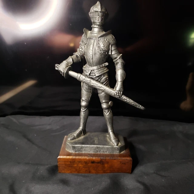 Vintage Medieval Knight Figurine w Sword Statue Italy Wood Base 8" Tall