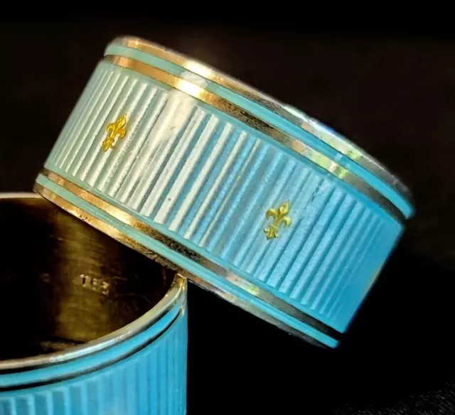 Rare Sterling BLUE ENAMEL GOLD FLEUR DE LIS Napkin Ring By Watson Silver Co 1915