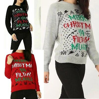 Ladies Merry Xmas Ya Filthy Muggle Jumper Knitted Christmas Sweatshirt 8-22