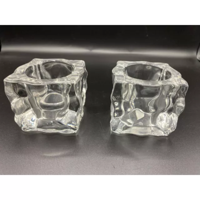 Set of 2 Partylite GLACIER Square Ice Clear Glass Tealight Candle Holders P0279