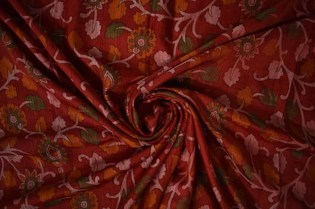 Reste De Sari En Soie Pure 100% Vintage – Brodé Main – Couleur Rouille – Tissu Inde