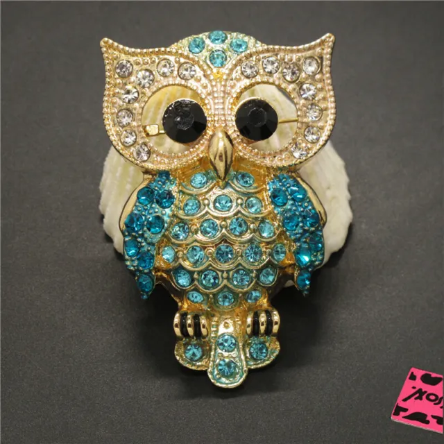 New Fashion Women Blue Bling Cute Owl Animal Crystal Charm Brooch Pin Gifts