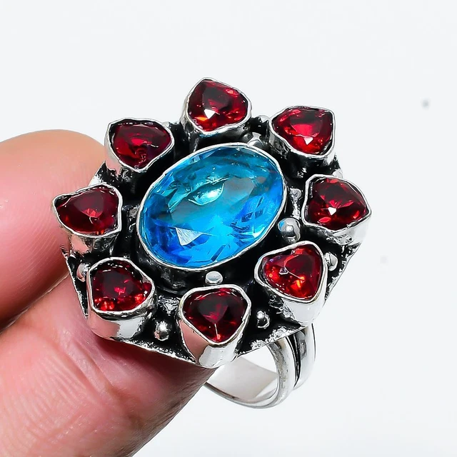 Swiss Blue Topaz, Garnet Gemstone Handmade Gift Jewelry Ring Size 10 r506
