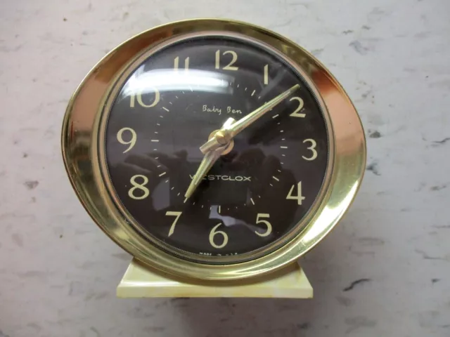 Westclox USA Baby Ben Alarm Wind Up Clock Black Face Gold Tone Rim Beige MCM Vtg