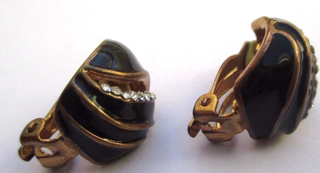 Boucles D'oreilles Clips Vintage Or émail Noir Cristaux - Modèle 3272, Bon état, Sans Marque
