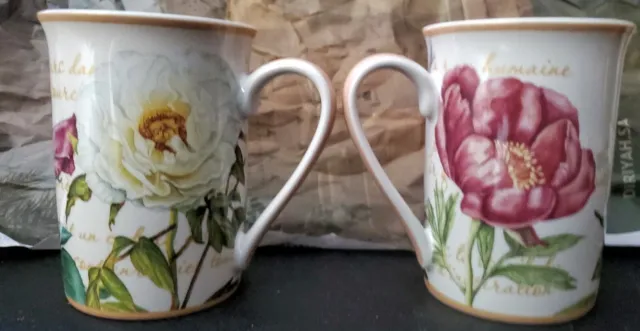 Set of 2 Kent Pottery Flowers Coffee Mugs Green Pink White Cup 4 1/4" Tall