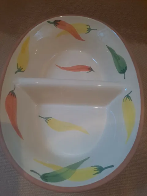 Italian  Earthenware  Hand Painted Chili Pepper Divided Serving Dish