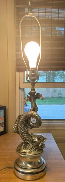 Vintage MCM Brass Koi Fish Table Lamp 27.5 inches tall