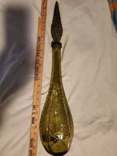 Empoli Italian Art Glass Vtg22"Olive GREEN Genie Bottle Decanter Stopper Antique