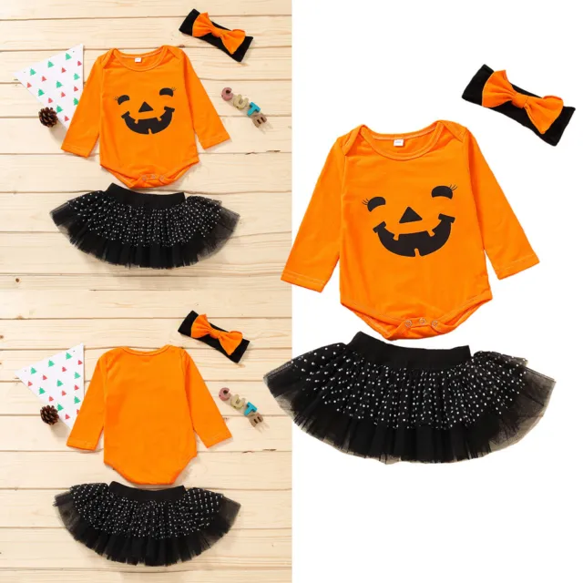 Newborn Baby Girl Kids Halloween Pumpkin Romper Tulle Tutu Dress Costume Outfit
