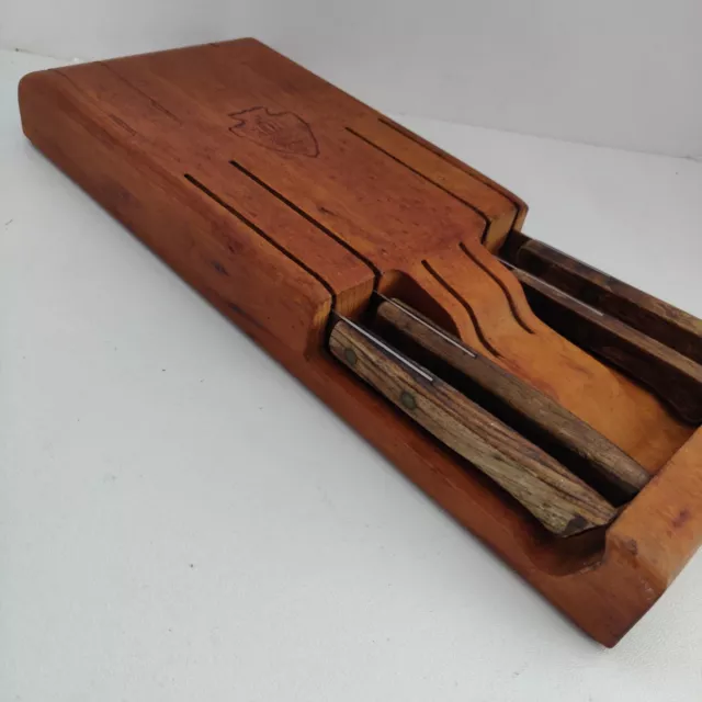Vtg Ekco Flint Stainless Vanadium Knife Set of 4 with Holdster Wood Wall Block