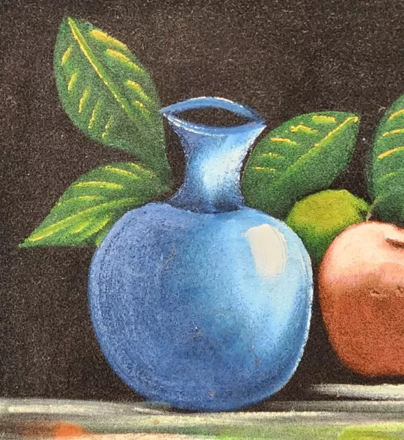 Vintage Black Velvet Painting Still Life Fruit Blue Vase Framed 1970s Pear Apple 2