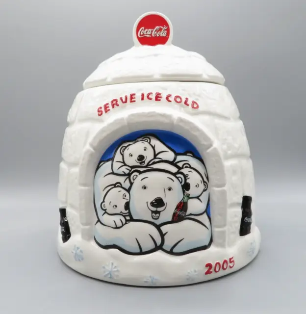 2005 Coca Cola Igloo Polar Bear Cookie Jar "Serve Ice Cold" Coke Collectible