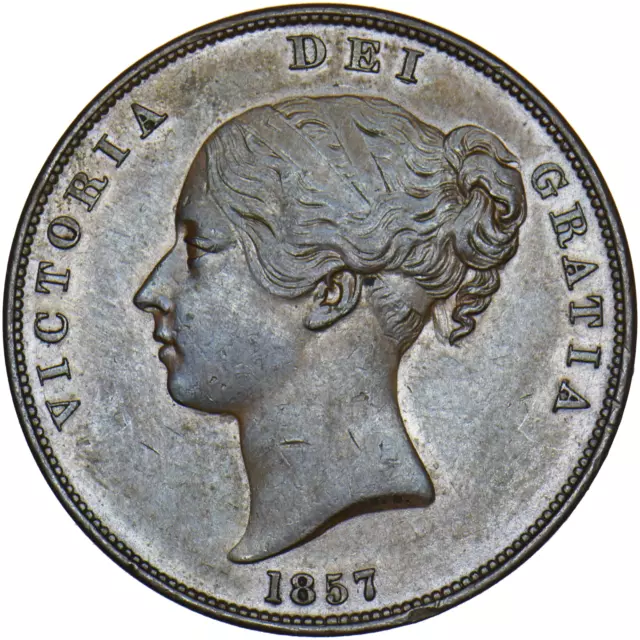 1857 Penny - Victoria British Copper Coin - Very Nice