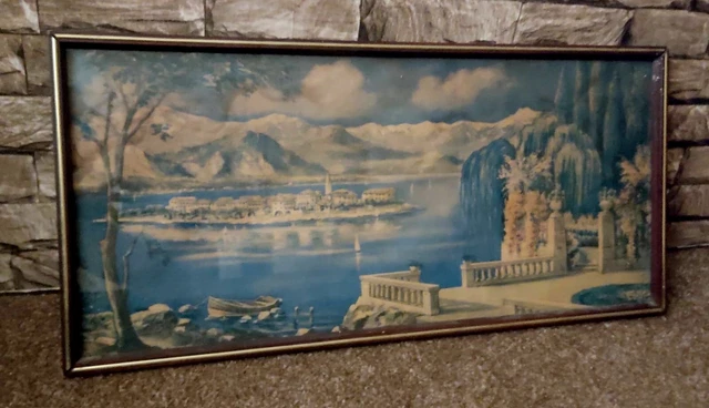 Print Vintage Art Deco Landscape Home Balcony Overlooking The Sea Framed 36*77cm