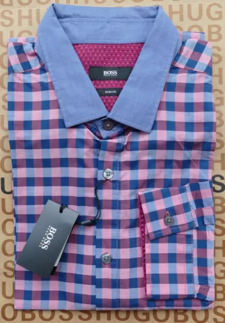 Camicia smart casual slim casual nuova Hugo BOSS da uomo blu rosa designer GRANDE