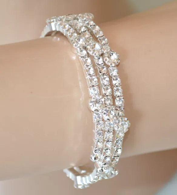 Bracciale donna argento semi rigido elastico strass brillantini cristalli UNW11