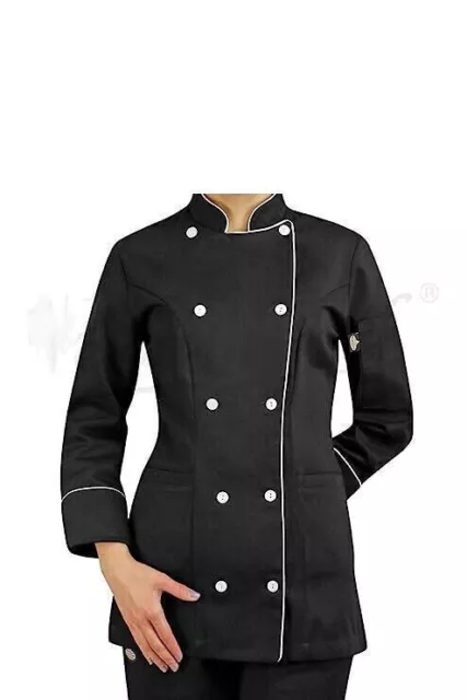 Simple Black Color White Piping Chef Coat Polycotton Size Large 40 For Women