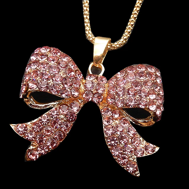 Betsey Johnson Pink Crystal Rhinestone Bowknot Pendant Long Sweater Necklace