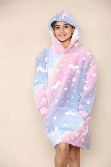 Kids Unicorn Glow in Dark Hoodie Blanket Oversized Fleece Cosy Warm Winter SALE!