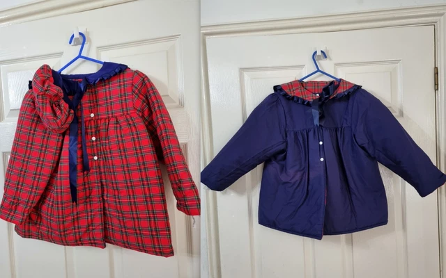 Cappotto vintage tartan rosso scozzese per bambine con mantello e cappello età 24 mesi made in UK
